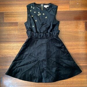 Ted Baker Sleeveless Black Velvet Beaded Gold Bee Ruffle Dress Pockets Size 2